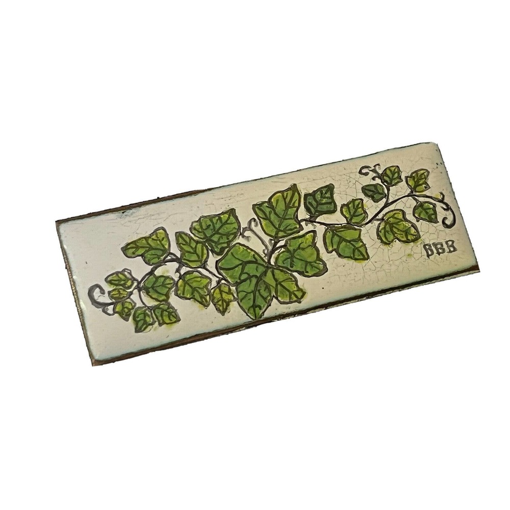 Artisan Hand Painted Ivy Enamel on Copper Brooch Pin Signed Ivy Leaves Jewelry